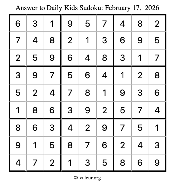 Answer to kids sudoku February 17, 2026