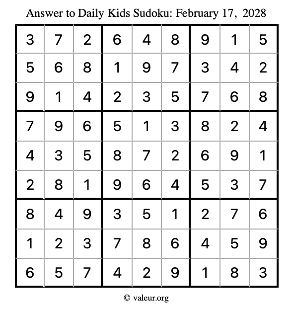 Answer to kids sudoku February 17, 2028