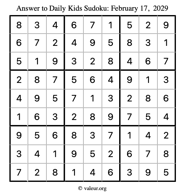 Answer to kids sudoku February 17, 2029