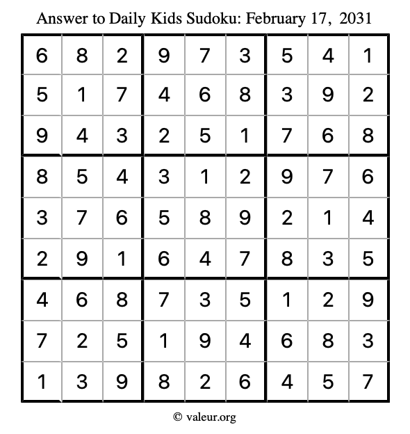 Answer to kids sudoku February 17, 2031