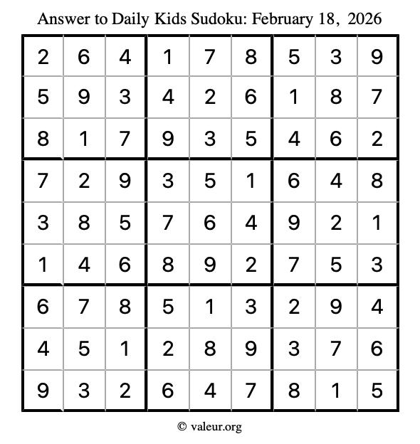 Answer to kids sudoku February 18, 2026