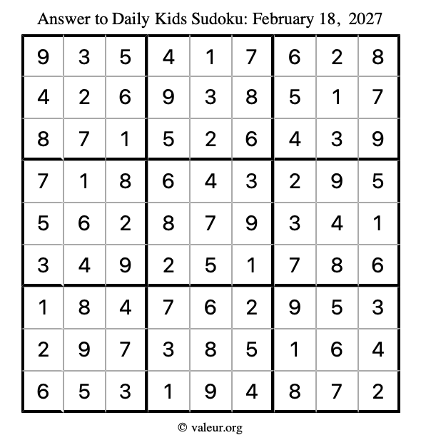 Answer to kids sudoku February 18, 2027