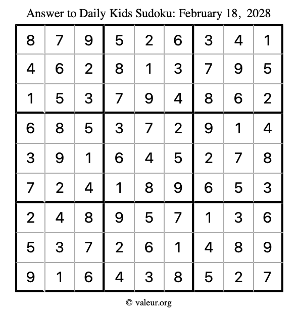 Answer to kids sudoku February 18, 2028