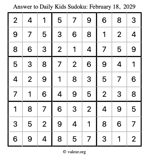 Answer to kids sudoku February 18, 2029
