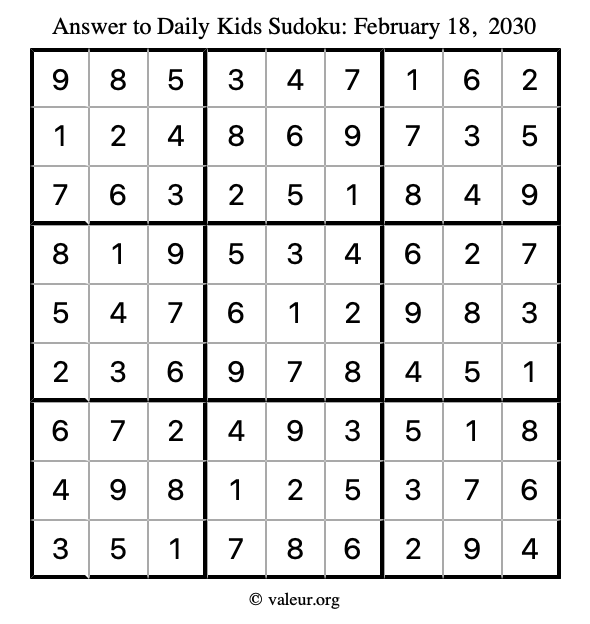 Answer to kids sudoku February 18, 2030