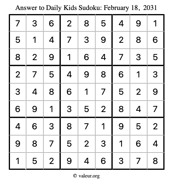 Answer to kids sudoku February 18, 2031