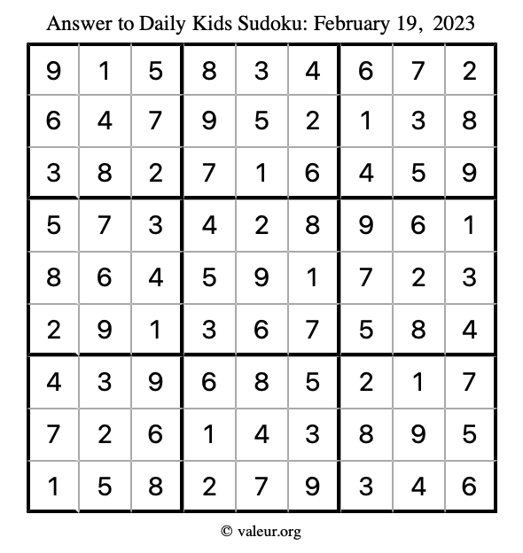 Answer to kids sudoku February 19, 2023