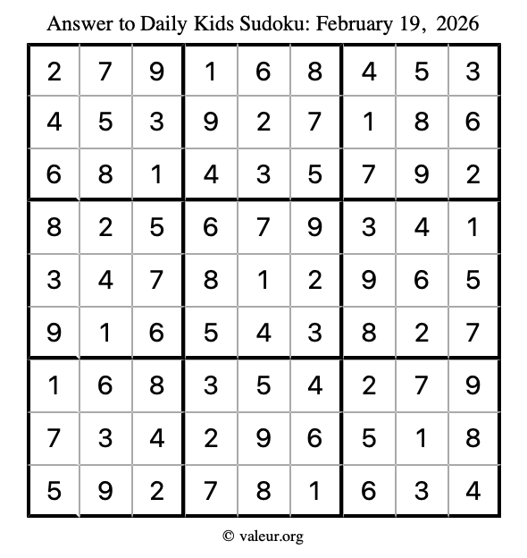 Answer to kids sudoku February 19, 2026