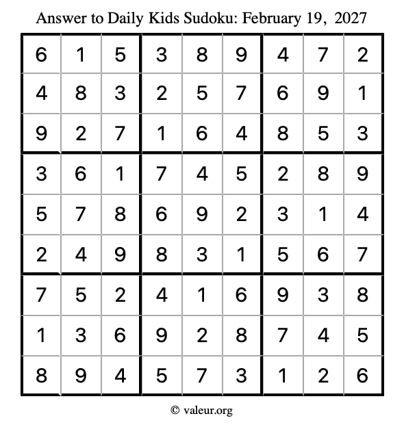 Answer to kids sudoku February 19, 2027