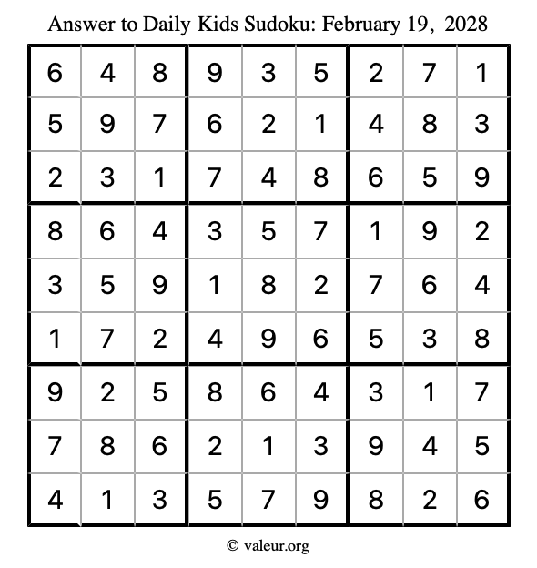 Answer to kids sudoku February 19, 2028
