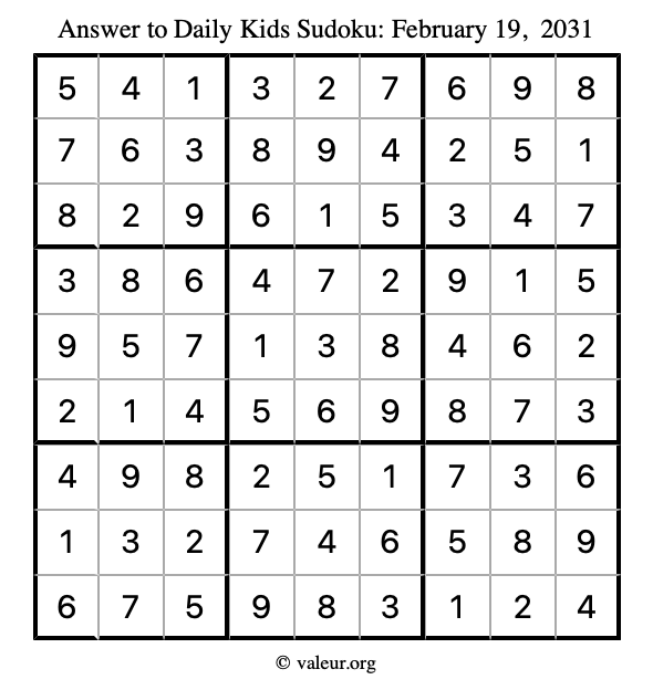 Answer to kids sudoku February 19, 2031