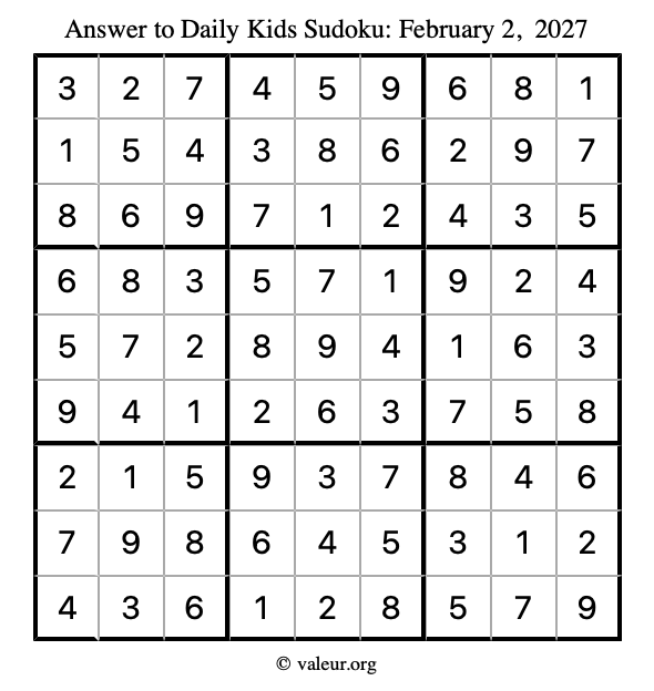 Answer to kids sudoku February 2, 2027