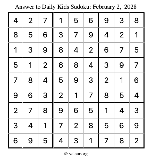 Answer to kids sudoku February 2, 2028