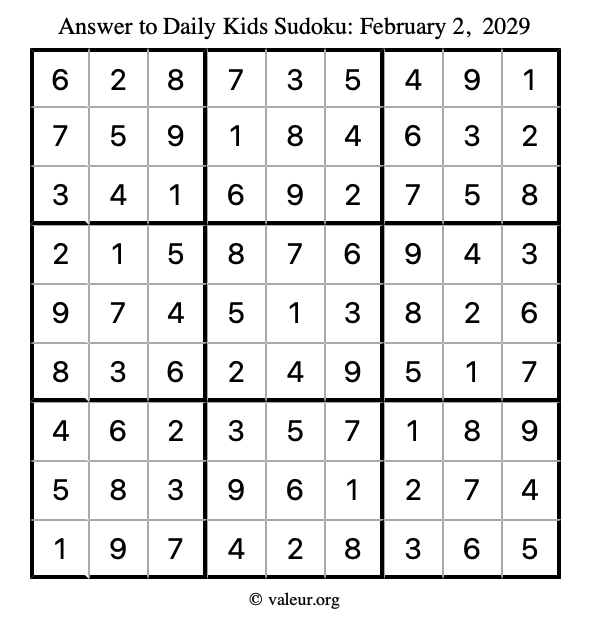 Answer to kids sudoku February 2, 2029