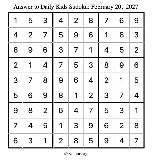 Answer to kids sudoku February 20, 2027