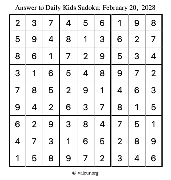 Answer to kids sudoku February 20, 2028