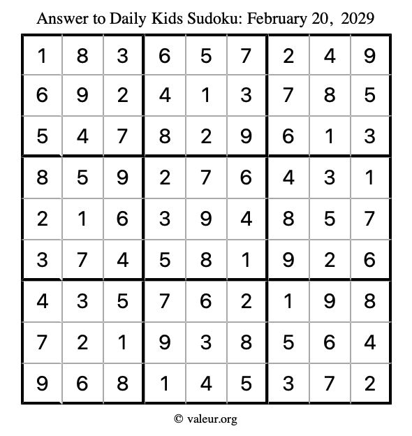 Answer to kids sudoku February 20, 2029
