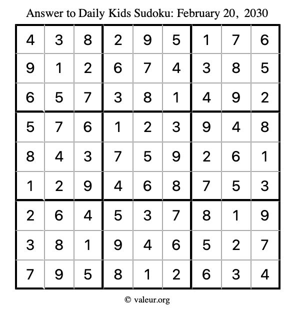 Answer to kids sudoku February 20, 2030