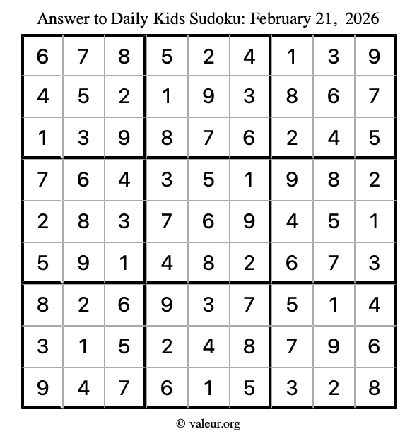 Answer to kids sudoku February 21, 2026