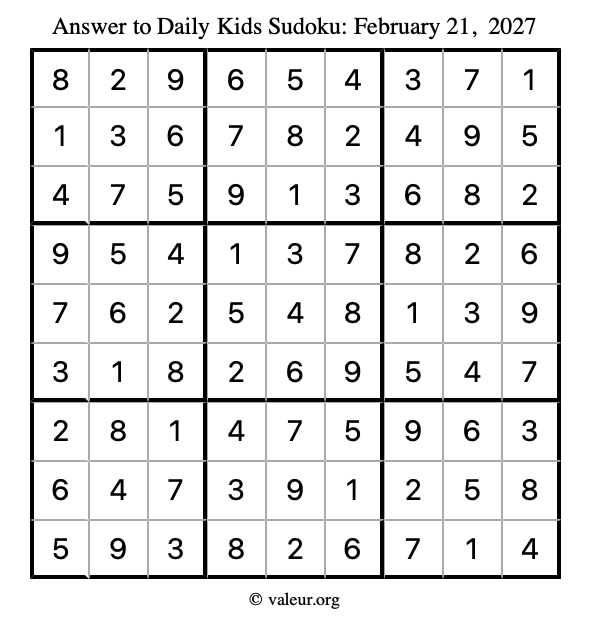 Answer to kids sudoku February 21, 2027