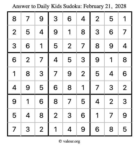 Answer to kids sudoku February 21, 2028