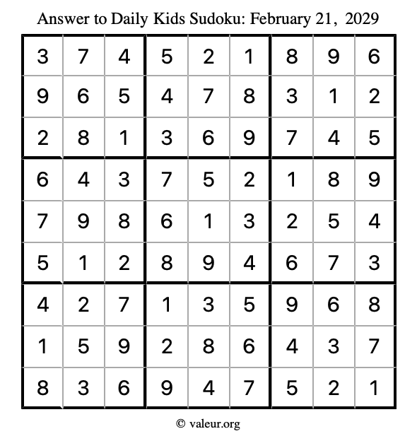 Answer to kids sudoku February 21, 2029