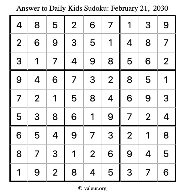 Answer to kids sudoku February 21, 2030