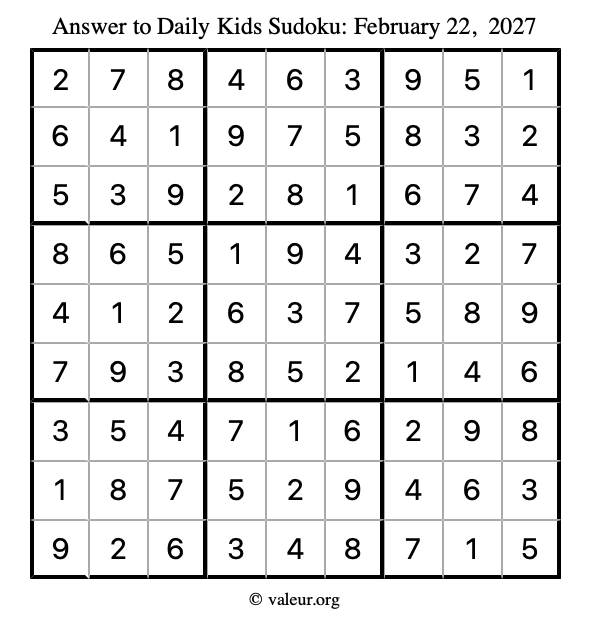 Answer to kids sudoku February 22, 2027