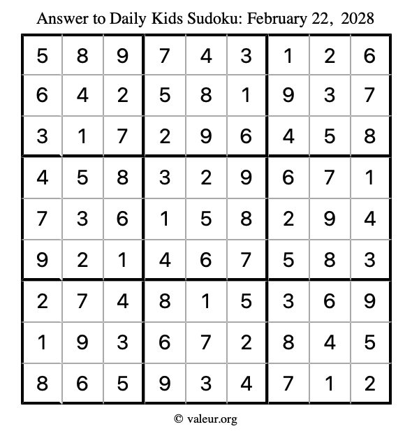 Answer to kids sudoku February 22, 2028