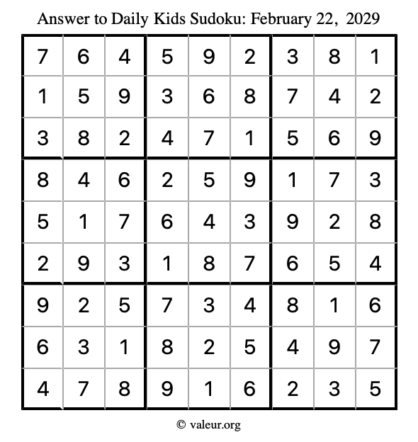 Answer to kids sudoku February 22, 2029