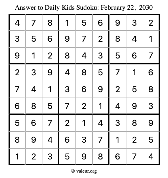Answer to kids sudoku February 22, 2030