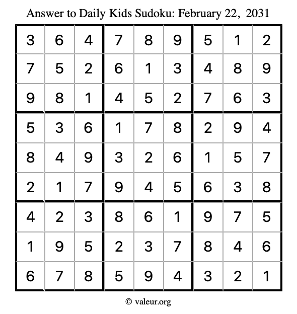 Answer to kids sudoku February 22, 2031