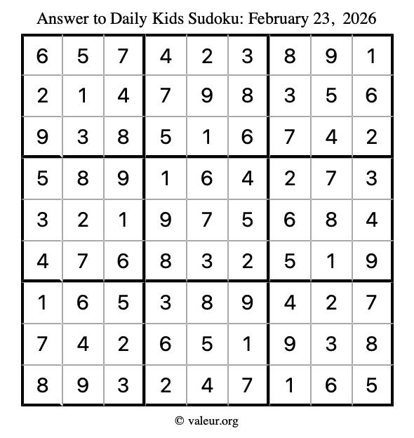 Answer to kids sudoku February 23, 2026