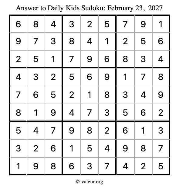 Answer to kids sudoku February 23, 2027