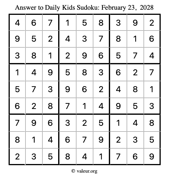 Answer to kids sudoku February 23, 2028