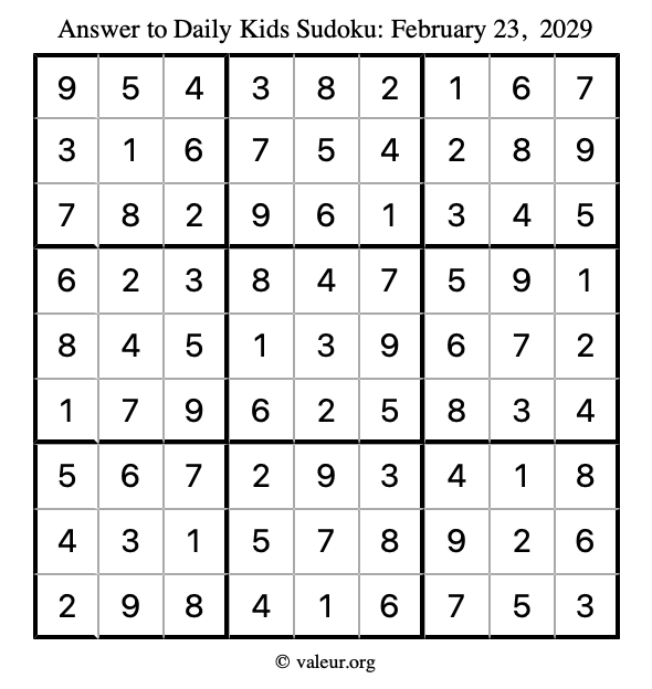 Answer to kids sudoku February 23, 2029