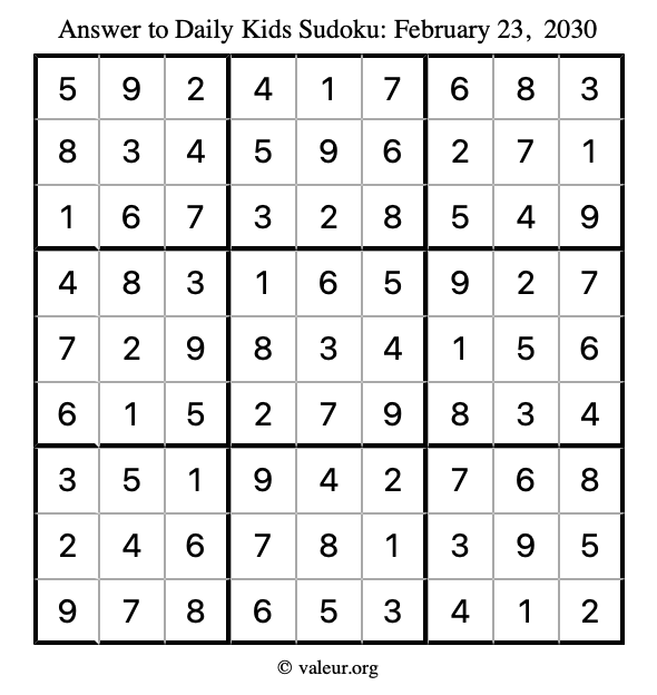 Answer to kids sudoku February 23, 2030
