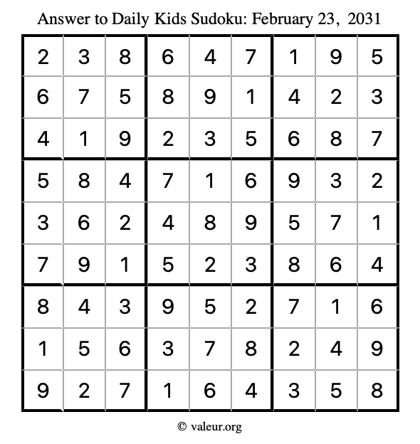 Answer to kids sudoku February 23, 2031