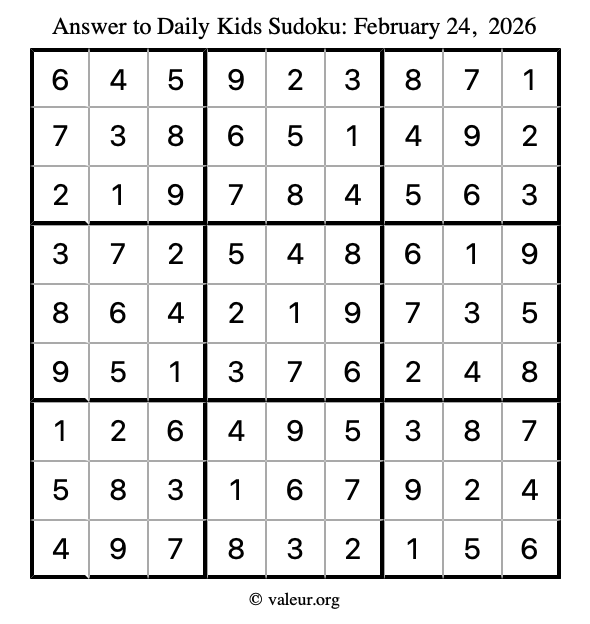 Answer to kids sudoku February 24, 2026