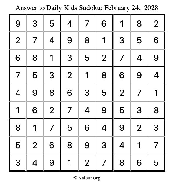 Answer to kids sudoku February 24, 2028