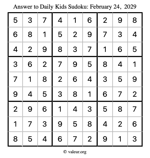 Answer to kids sudoku February 24, 2029