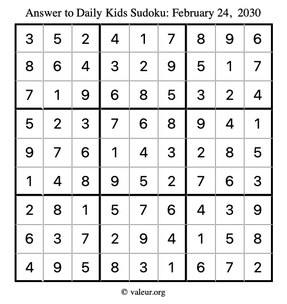 Answer to kids sudoku February 24, 2030