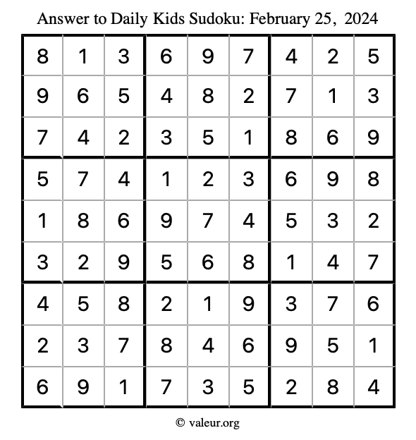 Answer to kids sudoku February 25, 2024