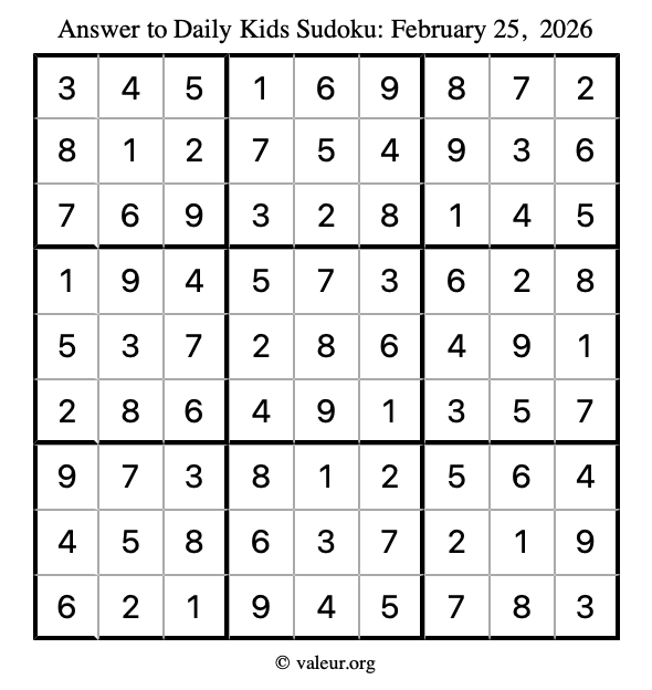 Answer to kids sudoku February 25, 2026