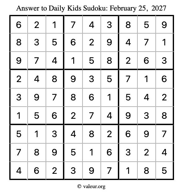 Answer to kids sudoku February 25, 2027
