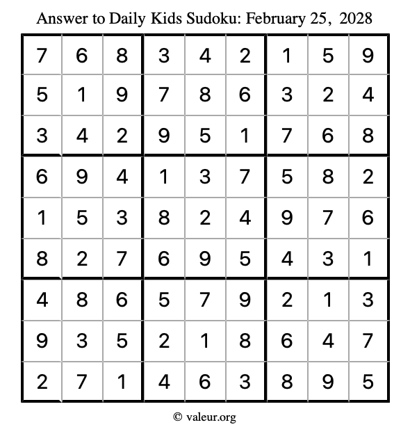 Answer to kids sudoku February 25, 2028