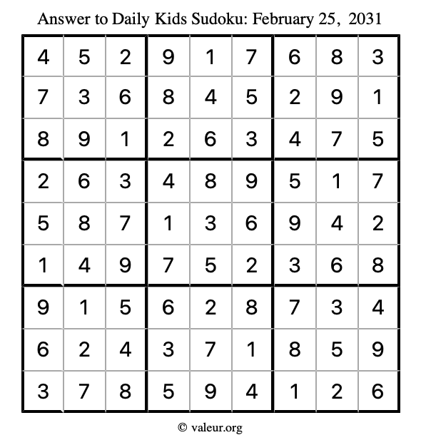 Answer to kids sudoku February 25, 2031