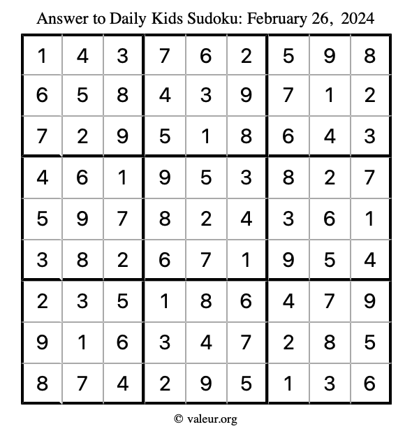 Answer to kids sudoku February 26, 2024