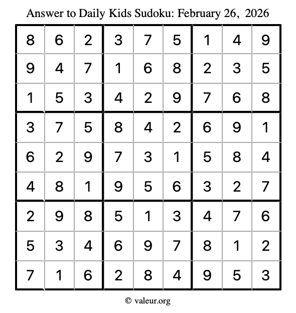 Answer to kids sudoku February 26, 2026