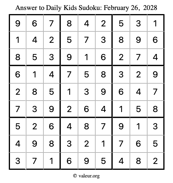 Answer to kids sudoku February 26, 2028
